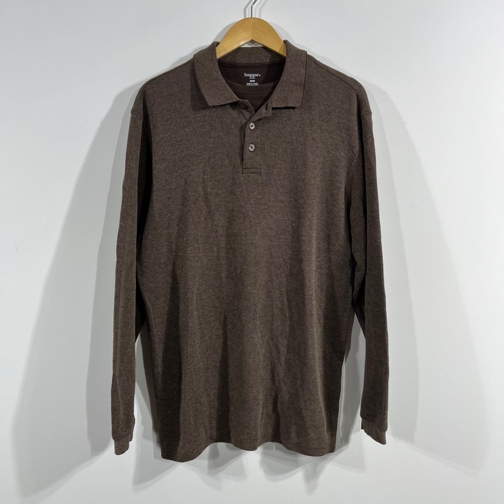 Haggar‎ Brown Ribbed Long Sleeve Polo Shirt Mens Medium Cotton Preppy Old Money